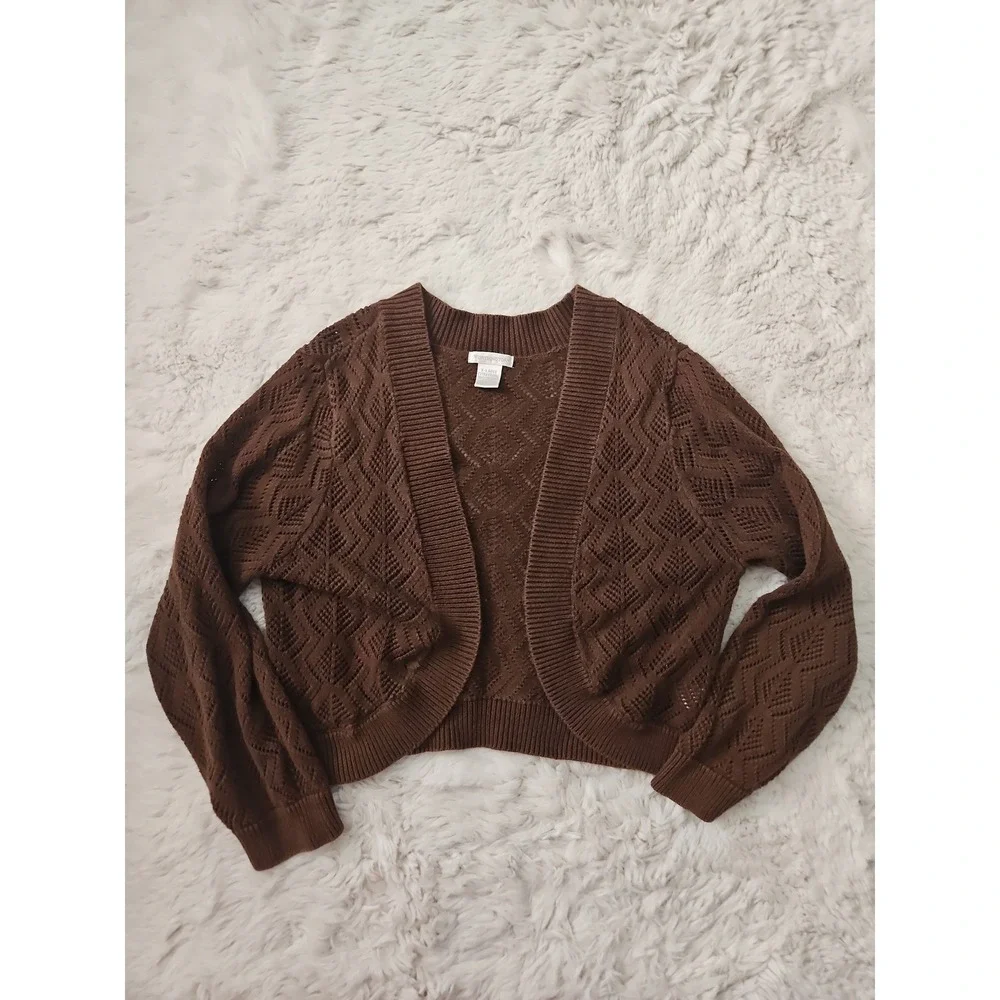 Worthington Cropped Cardigan Sweater XL Brown Open Front Pointelle Knit Cotton
